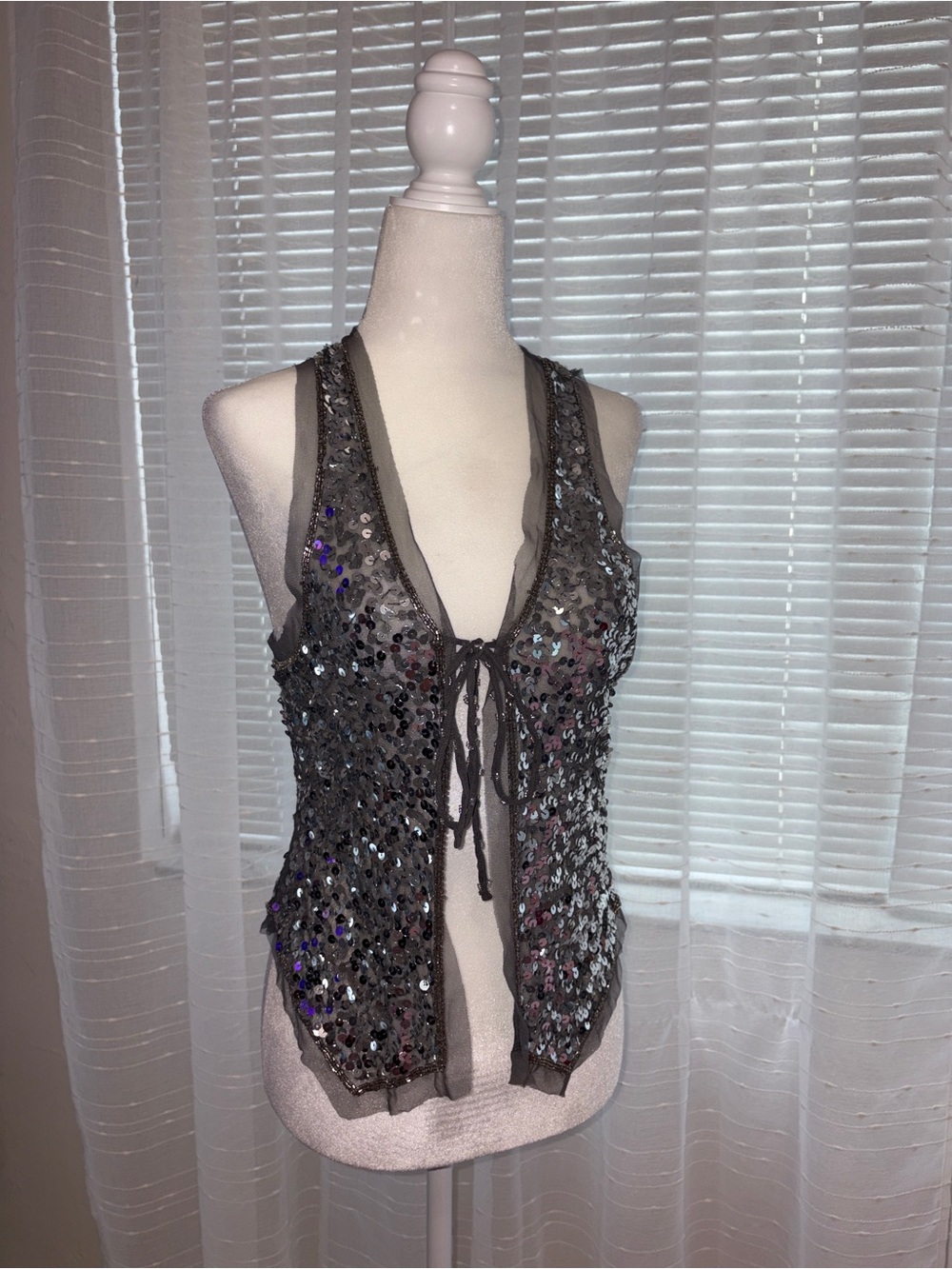 Kimchi Blue Gray Sequin Front-Tie Camisole Vest